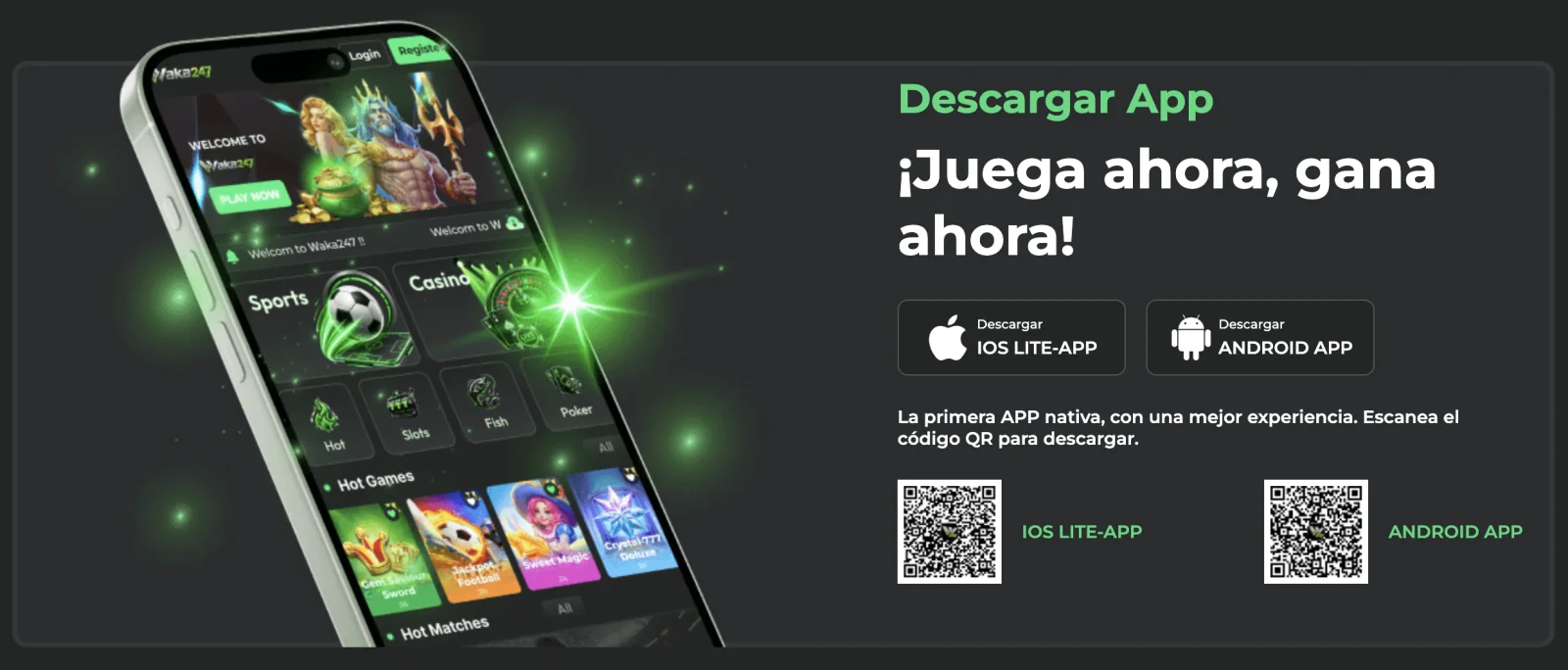 Opciones de descarga: Pantalla de descarga con Android App e IOS LITE-APP. Consulta las opciones actuales en la plataforma.